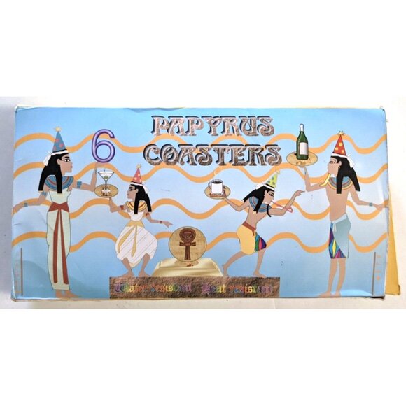 Box Of 6 VTG Papyrus Coaster Egyptian 4 In. Water Heat Resistant Lined Unused - Picture 2 of 10